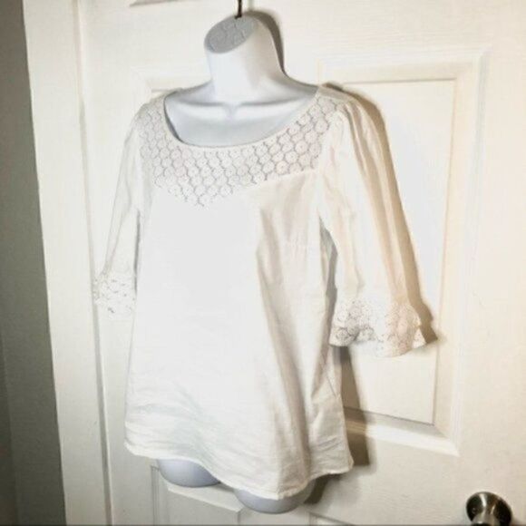Modcloth White Cotton Short Sleeve Blouse Puff Sleeves Daisy Print Lace M - Picture 5 of 13